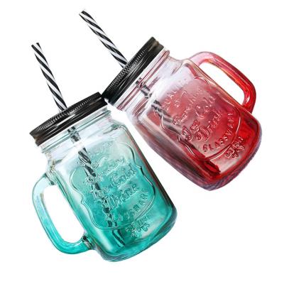 China Custom Viable Creative Gradient Glass Juice Straw Glass Mason Jars Water Bottle With Handle for sale