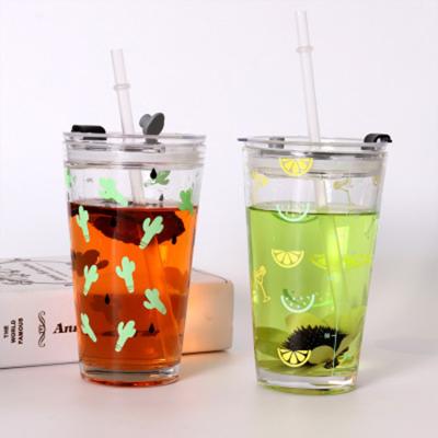 China New Arrival 450ml High Capacity Viable Transparent Glass Cold Cup Juice Cold Drink Water Bottle Tea Cup With Straw for sale