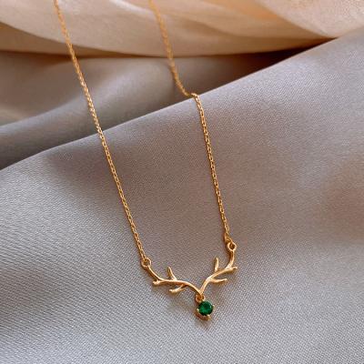 China Environmental Friendly Simple Antler Pendant For Necklace One Deer Have You Ins Temperament Green Diamond Necklace For Women for sale