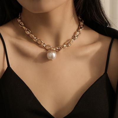 China TRENDY Fashion Big Pearl Pendant For Necklace Simple Individuality Single Layer Gold Plated Thick Necklace for sale