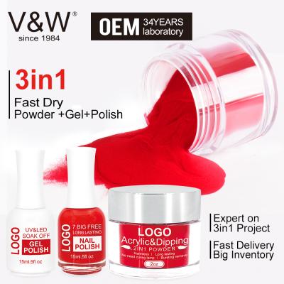 China Personal DIY Nail Art VW Maker Wholesale 3 in 1 Dipping Powder for Nail Art Colorful Dipping Acrylic Powder Color Gel and Nail Polish Matching for sale