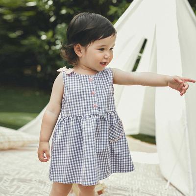 China New Arrival Washable Summer Plaid Girls Sleeveless Princess Pocket Blue Dress Fashionable Bow Decor for sale