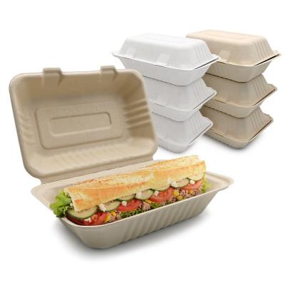 China Hot Sale Online Biodegradable Disposable Clamshell Box Sugar Cane Hamburger Sale Store 9*6 Biodegradable Food Containers for sale