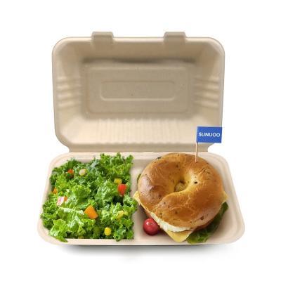 China 2 Compartment 900ml Biodegradable Sugar Cane Food Container Sugar Cane Clamshell Paper Bagasse Box Bento Box Customized Compostable for sale