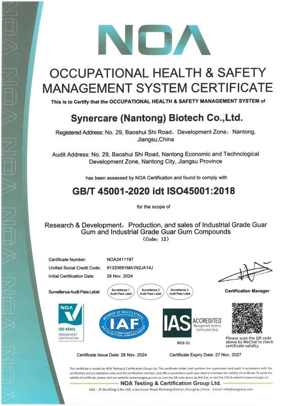 Occupation health & safety management system - Suzhou Synerguar Hydrocolloid Technologies Co.ltd.