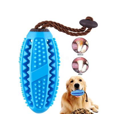 China Viable Food Grade Safe Pet Chewing Ball Oval Dog Teeth Toy Food Dispenser Pet Leakage Training Clean Ball for sale