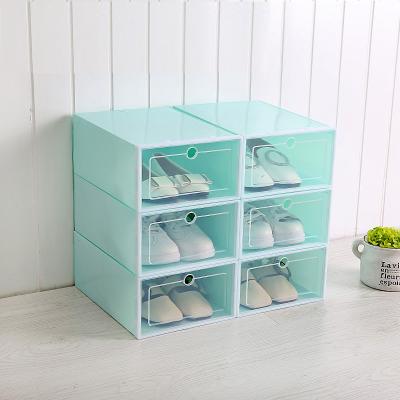 China Blue Foldable Stackable Plastic Shoe Container Display Box Closet Shelf / Sustainable Drawer Type Shoe Box Storage for sale