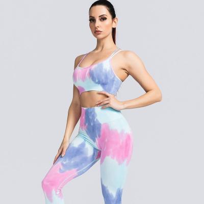 China Viable latest hollow back tie-dye sportswear fashion fitness suit yoga suit wholesale set for sale