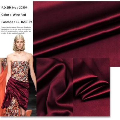 China Viable solid color burgundy 100% satin silk fabric for dress 25mm silk fabric for garment for sale