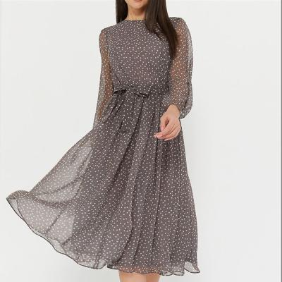 China K&Y Anti-Static New Arrivals 2022 Spring Fashion Ladies Dress Elegant Long Sleeve Female Casual Dress Women Dot Print Sashes Chiffon Dresses for sale