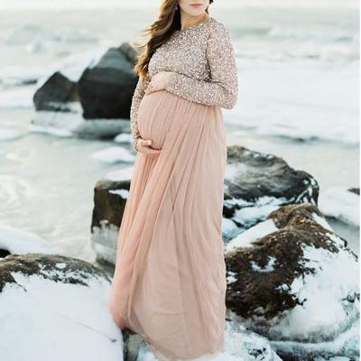 China K&Y Radiation Protection Mother Sleeve Sequin Tulle Maxi Party Pregnant Dress High Quality Pregnant Maternity Bridesmaid Long Sleeve Dress for sale