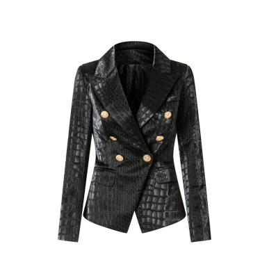 China K&Y 2022 Newest Jacket Women Designer Lion Buttons Grid Sewing Synthetic Crocodile Pattern Breathable Double Breasted Slim Blazer for sale