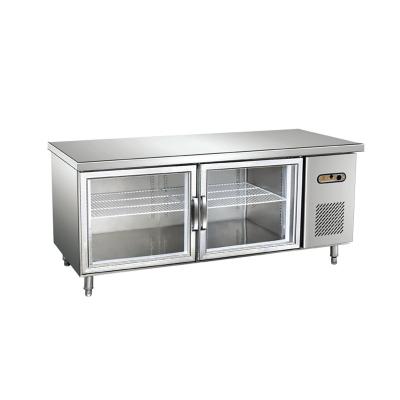 China Hot Selling Single-temperature Commercial Kitchen Under Counter Bar Work Table Fridge Freezer Stainless Steel Glass Two Door Fridge for sale