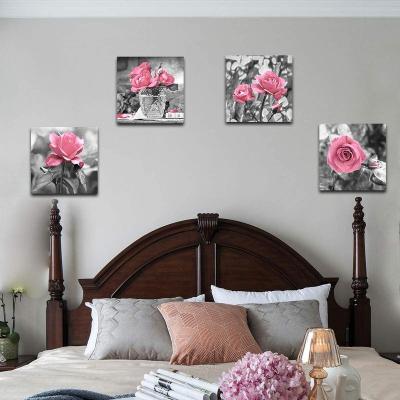 China Tropical Pink Rose Canvas Wall Art for Living Room Bedroom Floral Framed Painting Easy to Hang for sale