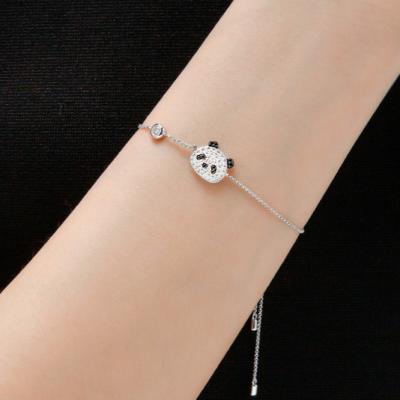 China Free Sample OOAK Cute Panda Pave Setting Silver Plated Adjustable Chain Bracelet Bolo With Zircon for sale