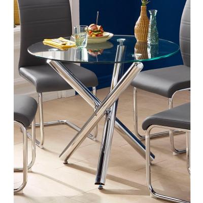 China Dining Table Modern Design Round Shape Legs 10mm Tempered Glass Chromed Dining Table for sale