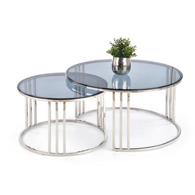 China Glass Top Modern Sliver Double Legs Stainless Steel Coffee Tables Interlocking Clear Glass Coffee Table Set for sale