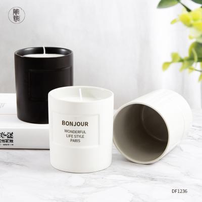 China Home Decoration 10oz Luxury White Unique Empty Ceramic Candle Jar Modern Custom Matte Black Ships Candle Jars For Candle Making Bulk for sale