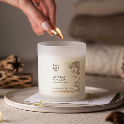 China Home Decoration Amazon Soy Wax Candles Container Hot Selling Scented Custom Labels White Frosted Glass Candle Jars Withlid Gift Boxes for sale