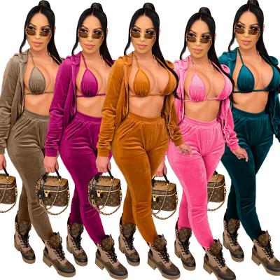 China Velvet Gold Women's Three Piece Suits 2021 Autumn QUICK DRY Long Sleeve 3 Piece Pants Set Loungewear for sale