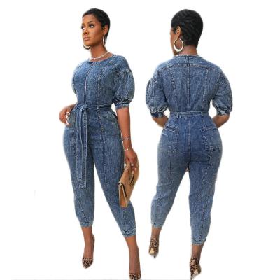 China Fall 2021 QUICK DRY printed blue jeans ladies jumpsuit women one piece overalls and womens rompers for sale