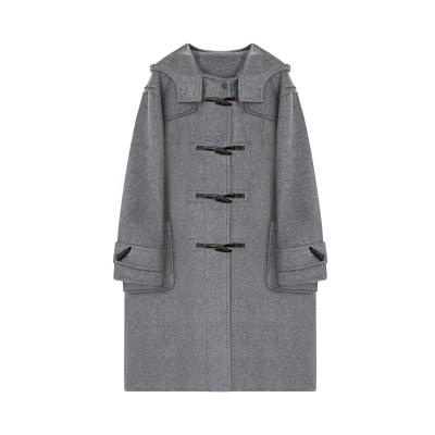 China Other Casual fashion grey horn button coat women's autumn/winter hooded medium long woolen coat for sale