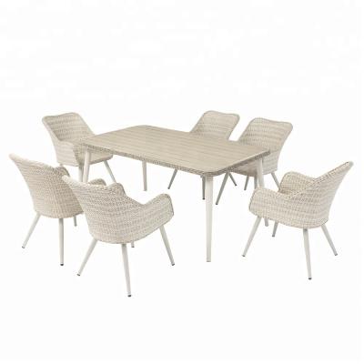 China Cafe / Bistro / Bar Etc Patio Furniture Garden Wicker Outdoor Dining Set with Plastic Wood Table Top for sale