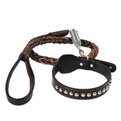 China Anti-scourization Durable Outdoor Dog Collar Leash Dog Traction Rope Eight-Strand Cowhide Spring Belt Pet Collars Leather Leashes for sale