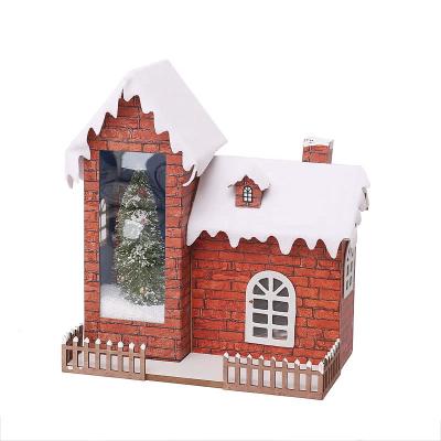 China Festival Stuff Christmas Snow Roof Wooden House Tree Snowing Inside Roof Christmas White Glitter Lantern for sale