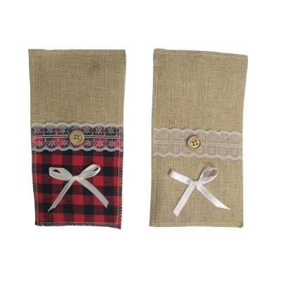 China Disposable Eco-Friendly Christmas Utensil Pouch Set Burlap Buffalo Plaid Bag Cutlery Pocket Knives Fork Spoon Bag For Xmas Party Decor for sale