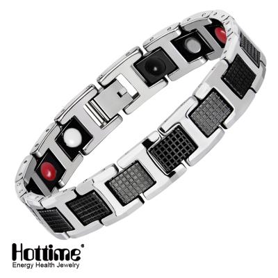 China Wholesale FASHIONABLE MagEnergy Stainless Steel Silver and Black Magnetic Wristband for Arthritis Yoga Bracelets with 4 in 1 Health Elements for sale