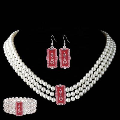 China TRENDY Fashion Pearl Necklace Earring Bracelet Red Square Sorority Jewelry Set for sale