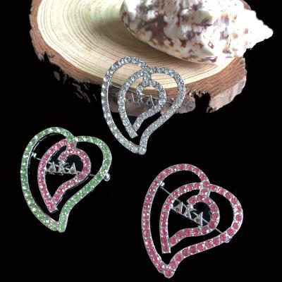 China Greek Pin Alpha Heart Pearl Brooch Classic Pink Green Rhinestone Lapel Pins for sale