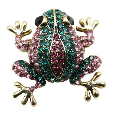 China Classic Metal Tone Pink Gold And Green Rhinestones Frog Brooch Pins Jewelry for sale