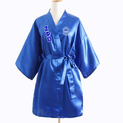 China Custom QUICK DRY Custom Silk Sleepwear Women Sorority Logo Bathrobe Greek Letter ZETA PHI BETA Blue Sleepwear Satin Robe for sale