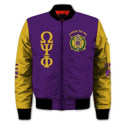 China OEM plus size LOGO Outdoor Omegaa Psi Phi custom made Fraternity with digital print cotton bomber jacket men's clothing for sale