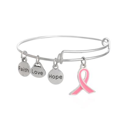 China Classic Dangling Pink Breast Cancer Awareness Ribbon Love Hope Faith Adjustable Charm Bangle Bracelet Jewelry for sale