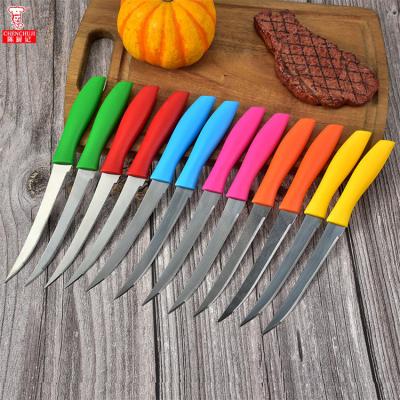 China Custom Plastic Fruit Stocked Logo Steak Knife Set Color Handle Tableware Cutlery Fruit Peeling Steak Knife for sale