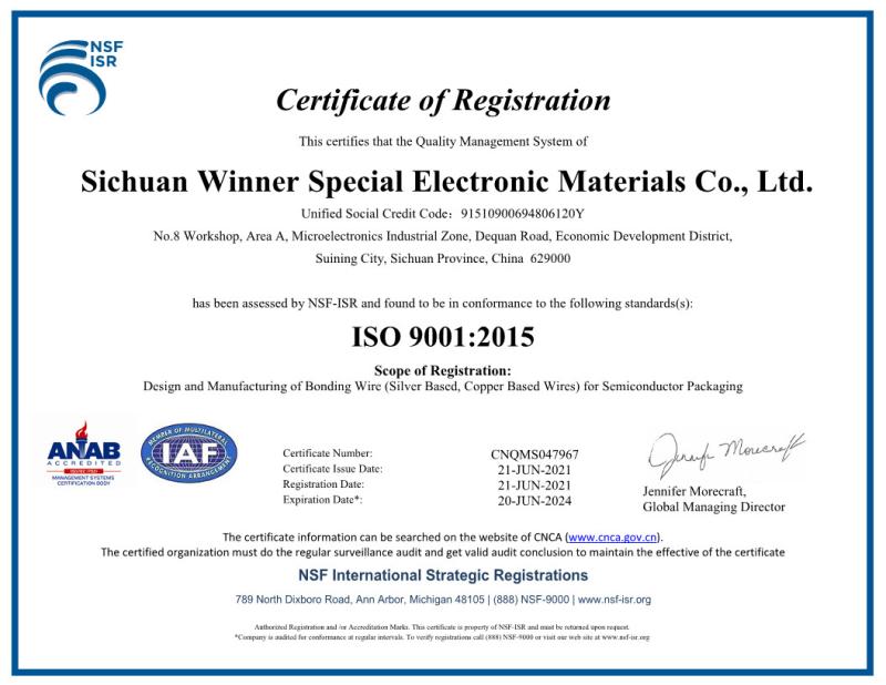 ISO9001 - SICHUAN WINNER SPECIAL ELECTRONIC MATERIALS CO., LTD.