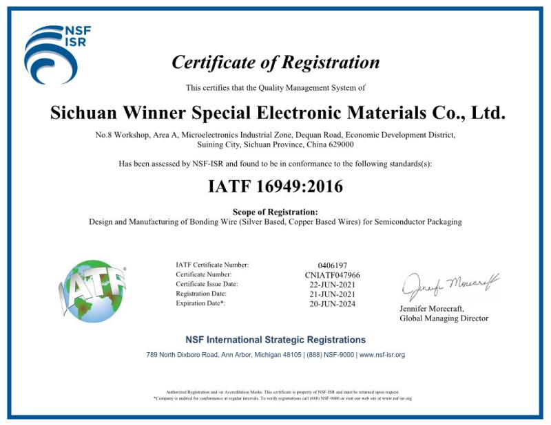 IATF 16949:2016 - SICHUAN WINNER SPECIAL ELECTRONIC MATERIALS CO., LTD.