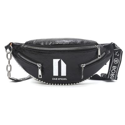 China Durable Custom Fashion Cracks Waist Bag Wholesale Women PU Shiny Chest Bag With Letter Straps Three Zipper Cross Body Bag for sale