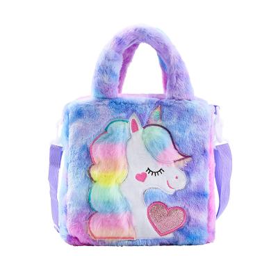 China New Cartoon Embroidered Fashion Plush Shoulder Bag Cute Cartoon Embroidered Girl Kid Handbag Unicorn Girl Messenger Bag for sale