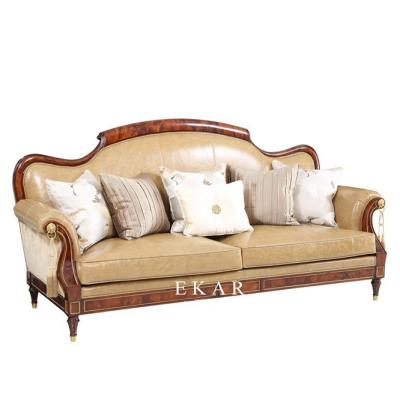 China Luxury Solid Mahogany Frame Sofa Living Room Furniture European Antique Design Leather Sofa Set Wooden Design Royal Antique 3 Seater Couch for sale