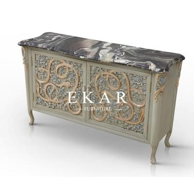 China Mid Century Dining Room Sideboard Cabinet Luxury Carved Porcelain Wood Marble Top Cabinet for sale