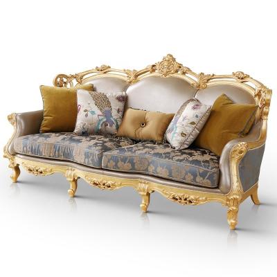 China Plus Color Neo Classic Style Hand Carved Royal European Color Sofa Furniture Royal 3 Seater Plus Wood Fabric Upholstered Sofa Set for sale