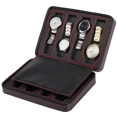 China Fanshion Custom Cajas De Relojes 2 4 6 8 Boite Montre Uhrenbox Black Protable Travel Zipper Leather Carbon Fiber Watch Box Case 10 Slots for sale