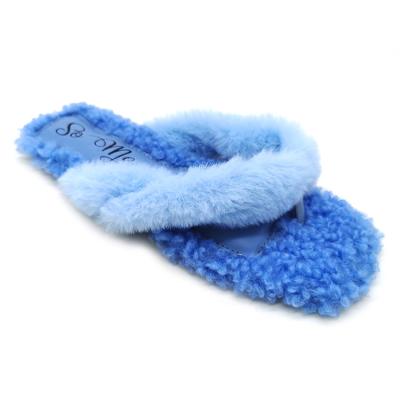 China European and American new summer fashion trend blue slippers flat-bottomed square head pure color plush for sale