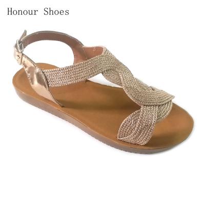 China New Durable Simple Canvas Weaving Cross Type Soft Back With Metal Buckle Flat Open Toe Sandals Women for sale