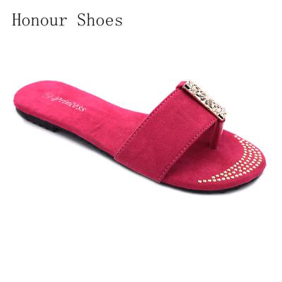 China Durable Hot Sale Rose Red With Beads Metal Pattern Decoration Outdoor Slippers for sale