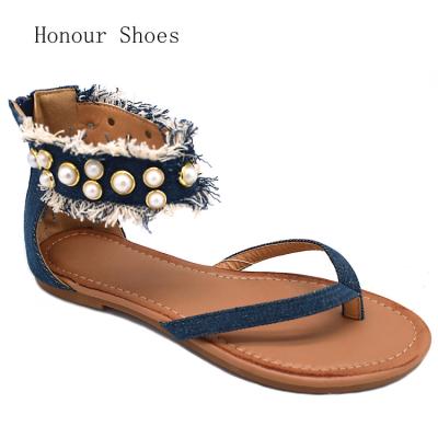 China TPR Fashion Design Wear Denim Pearl Sandals Ankle Straps Open Toe Flat Sanda Women for sale